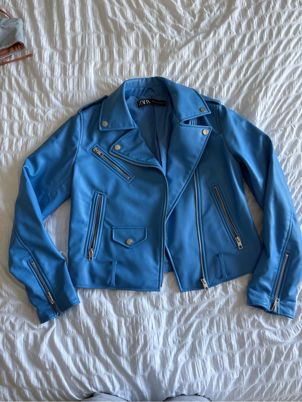 Zara Bright Blue Faux Leather Biker Jacket